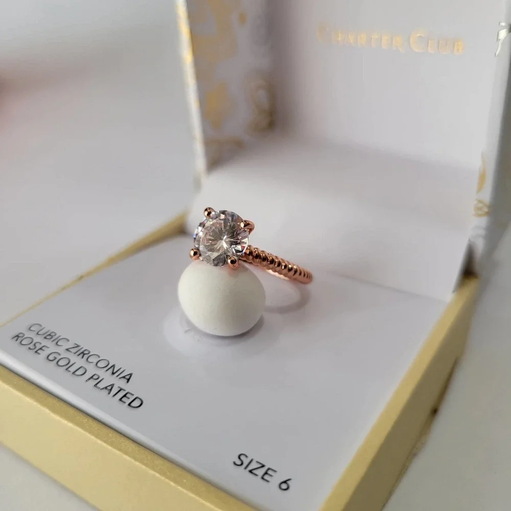 CHARTER CLUB Rose Gold-Tone Crystal Solitaire Textured Ring Engagement Size 6